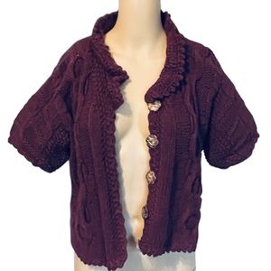 Vintage Plum Cotton Eastwind Hand Knit Cardigan Cable Knit Sweater Short Sleeve